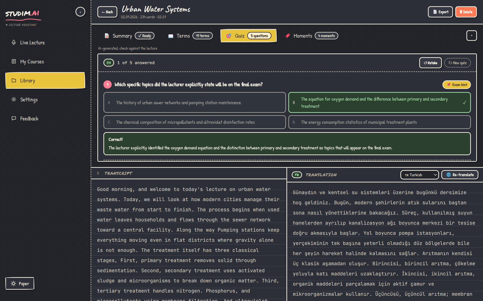 Quiz tab: practice questions with explanations.
