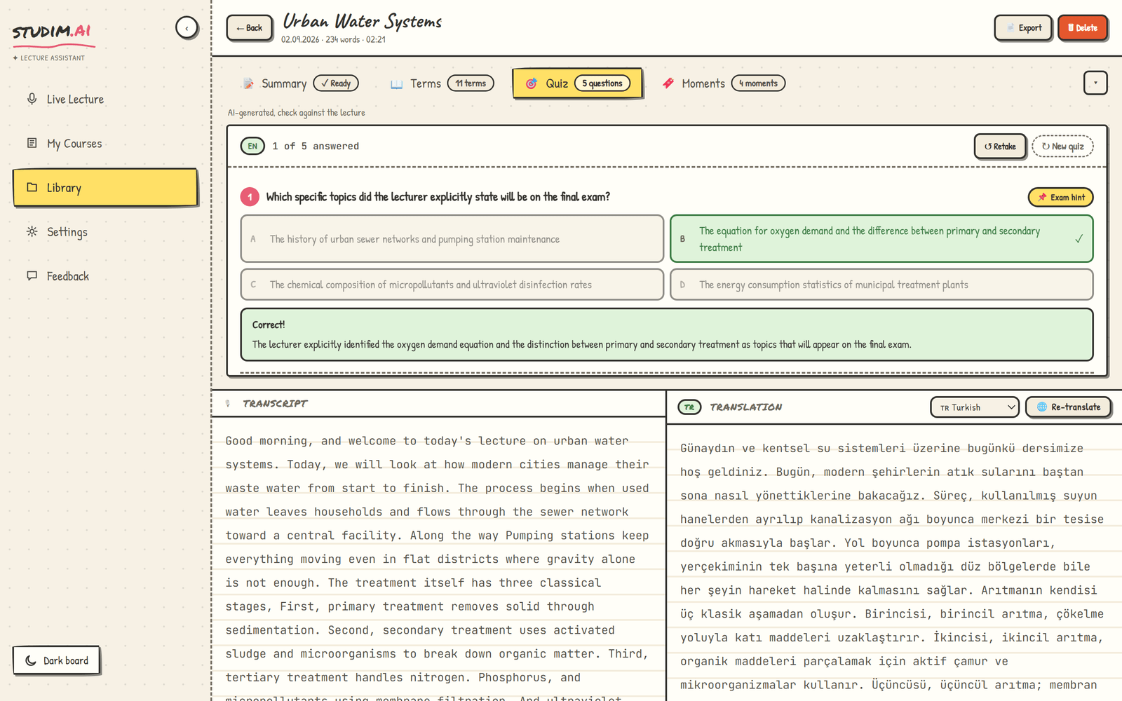 Quiz tab: practice questions with explanations.