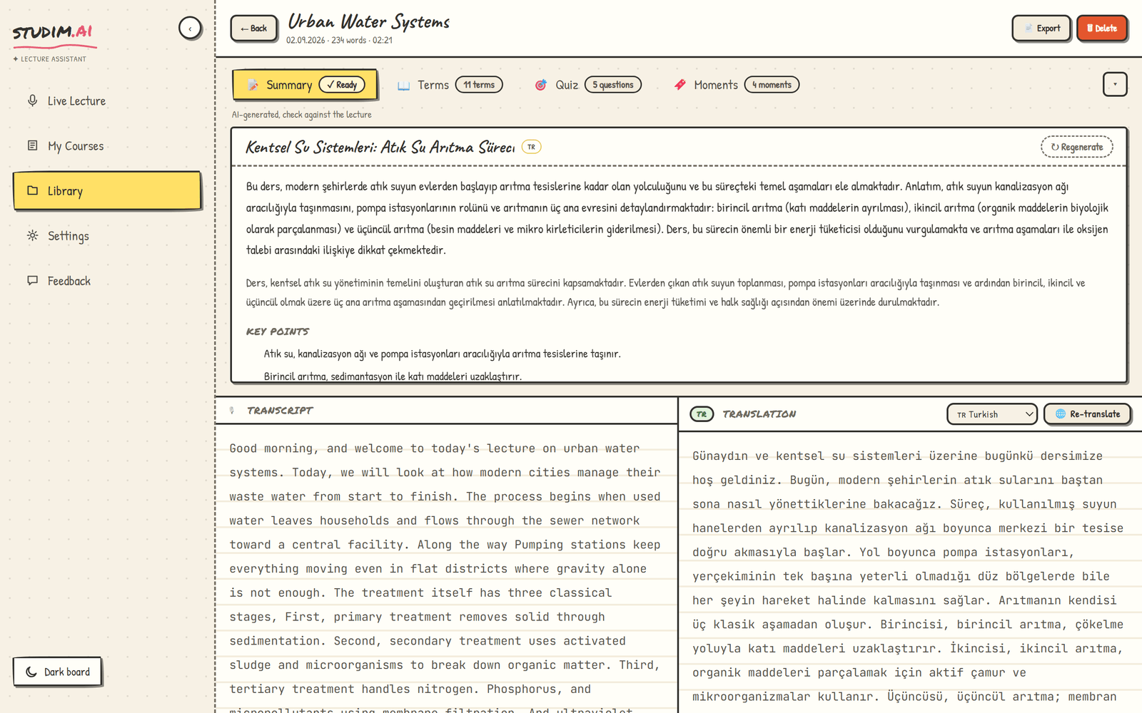 Library study desk, Summary tab: the lecture condensed into a few paragraphs.