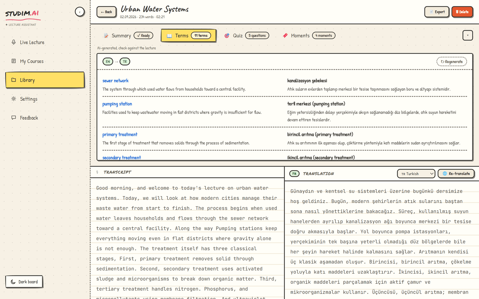 Terms tab: a bilingual glossary of the lecture's key terms.