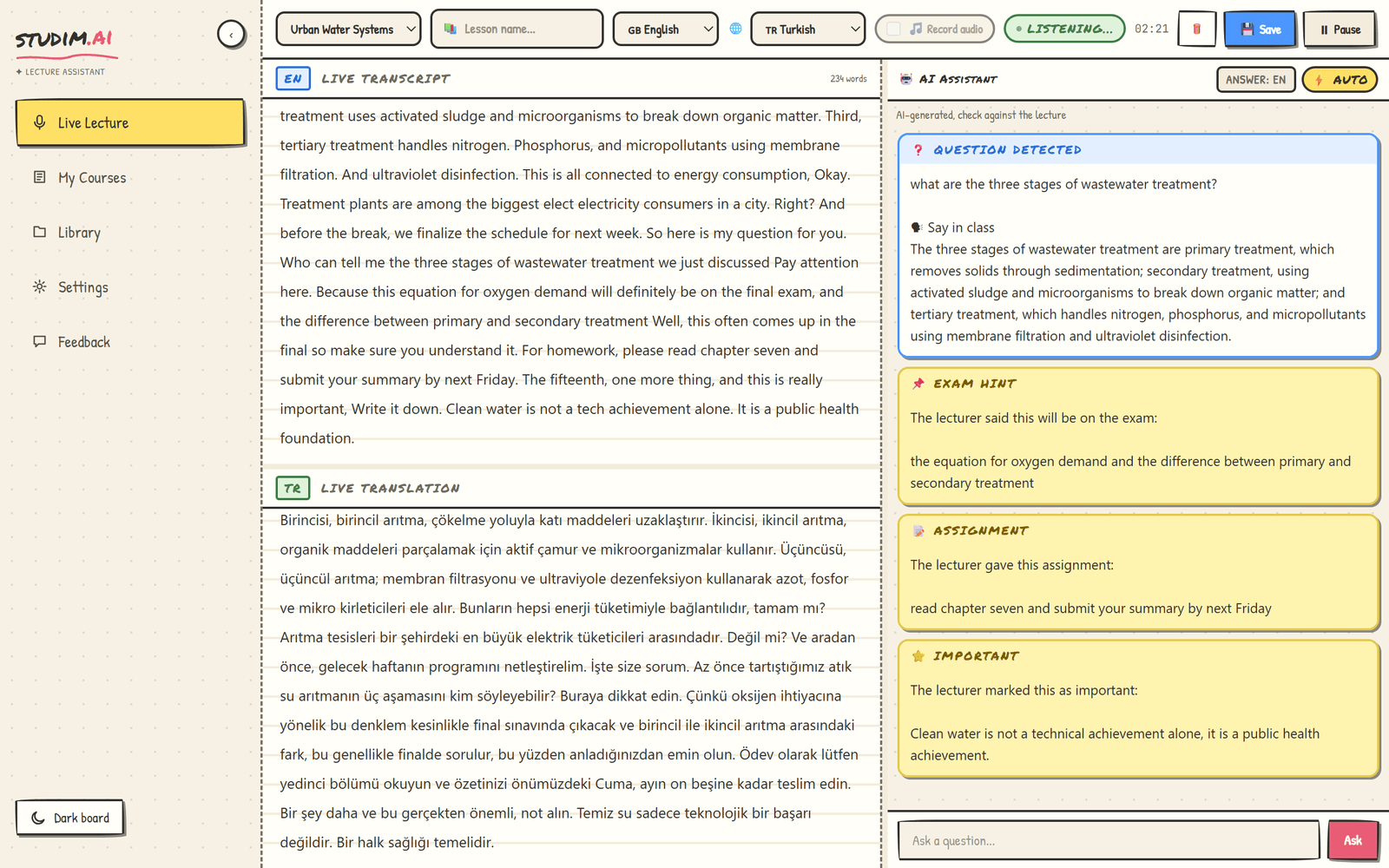 Live lecture: the transcript, the live translation and the assistant column with an exam hint and a lecturer's question with its classroom answer.